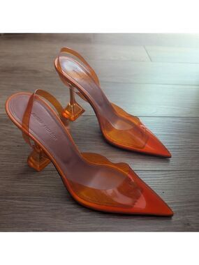 {Flaws} Amina Muaddi | Rosie Embellished PVC Slingback Pumps In Orange